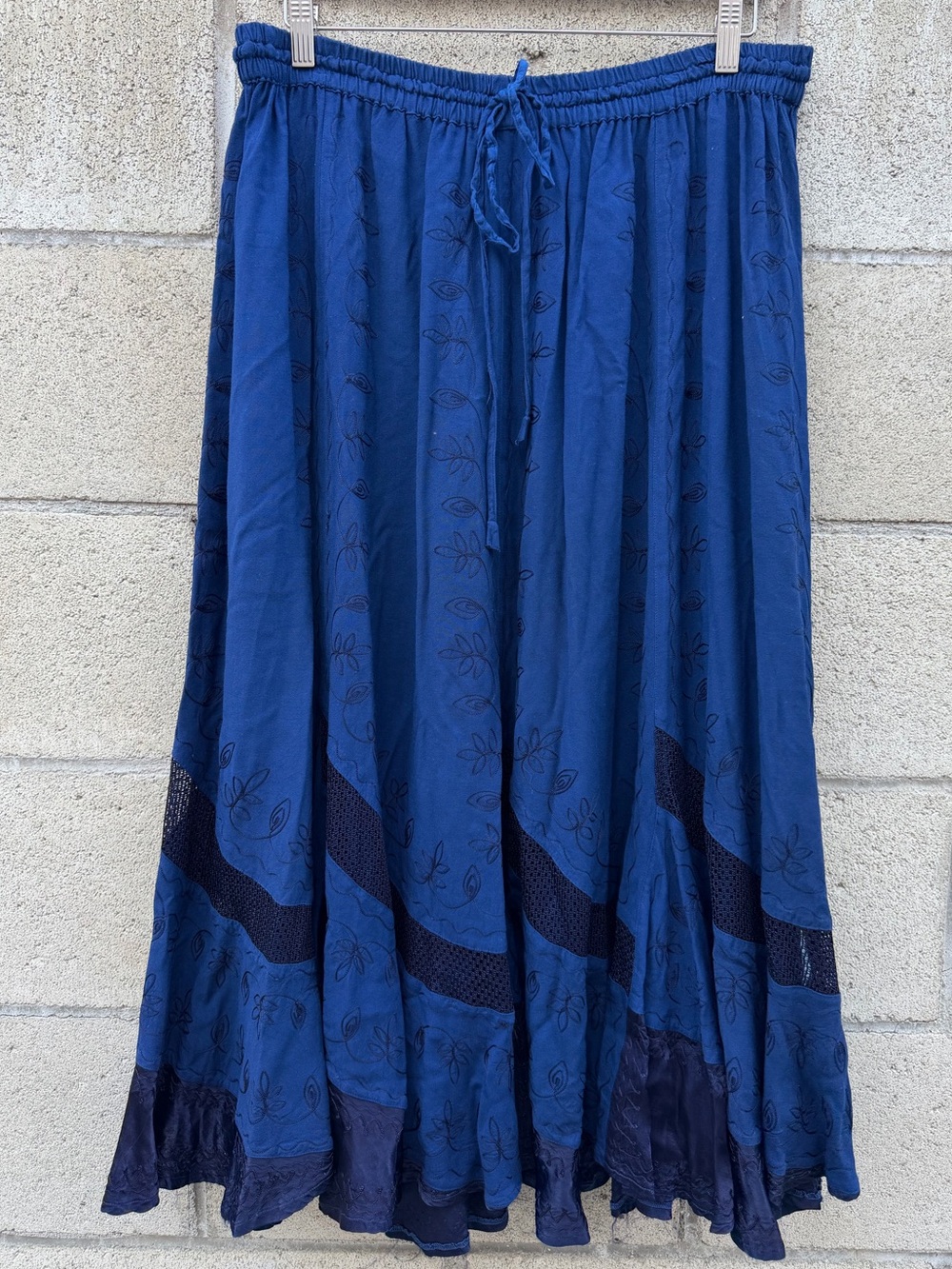 HolyClothing Embroidered Maxi Skirt Pull On Womens L/XL Blue Boho Festival Gypsy